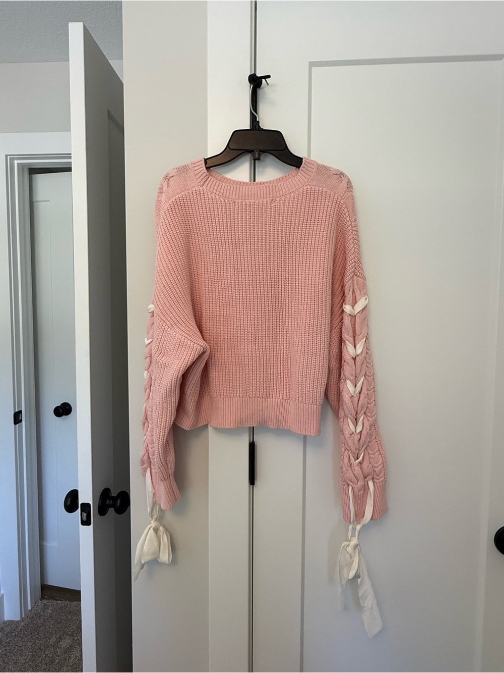 Altar'd State Blush Pink Crewneck Sweater with Braided Ribbon Sleeves